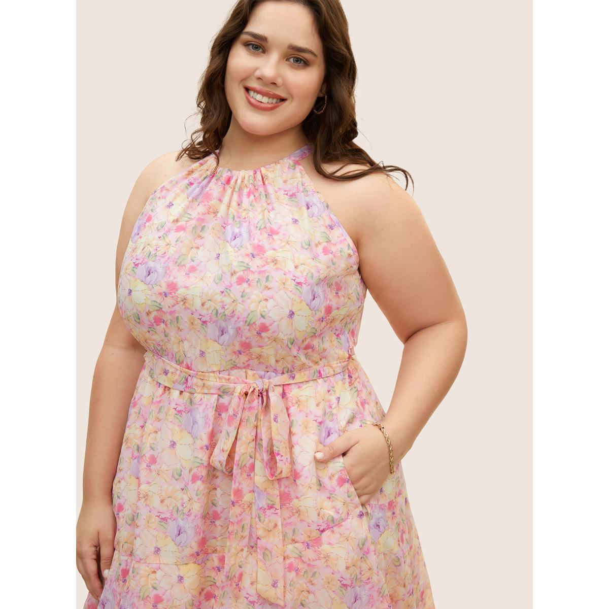 Plus Size Halter Floral Belted Layered Hem Dress Nudepink Women Elegant Halter neck Sleeveless Curvy BloomChic 26/4X Product Image