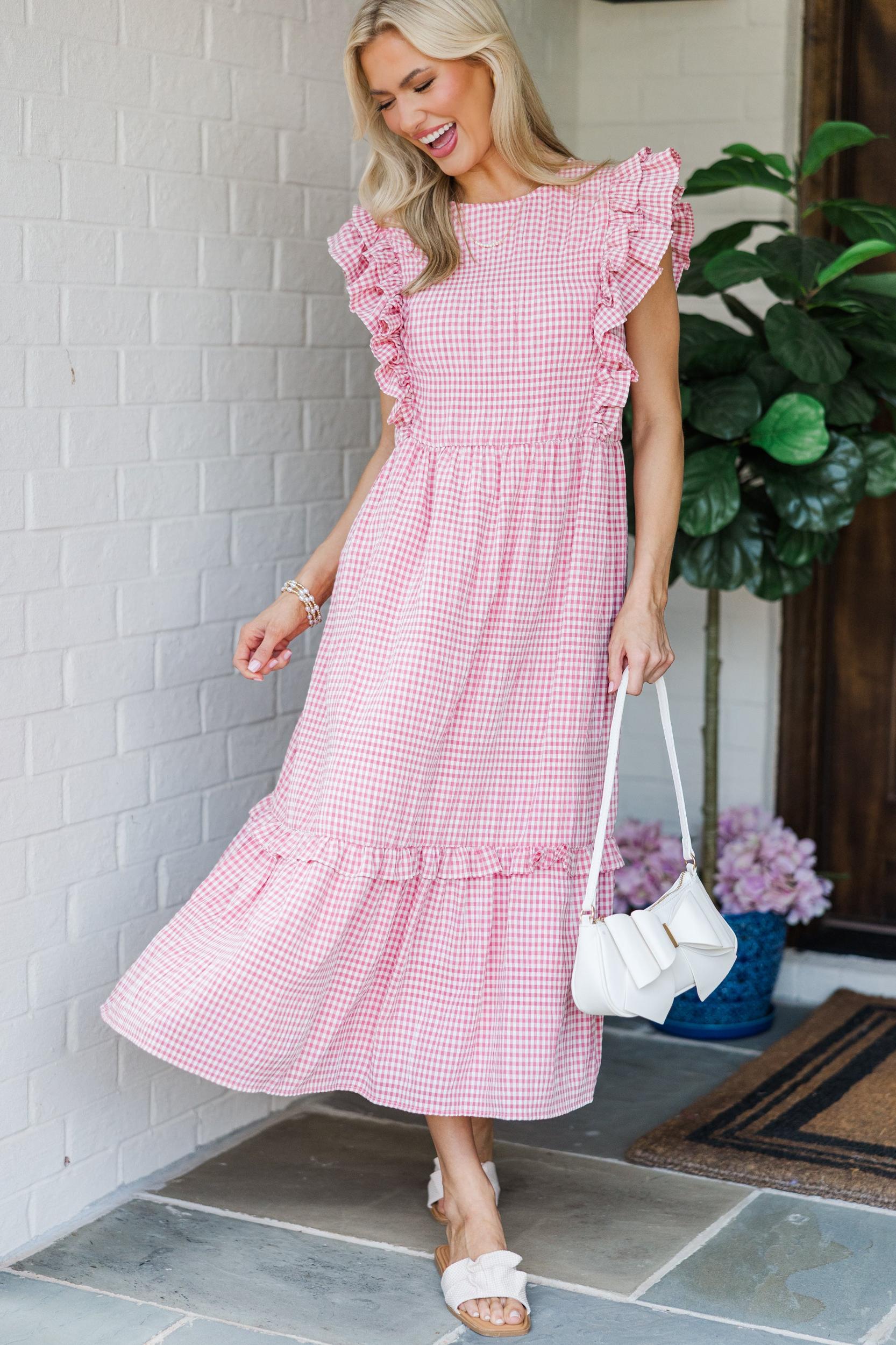 Feminine Pursuits Pink Gingham Midi Dress Female Product Image