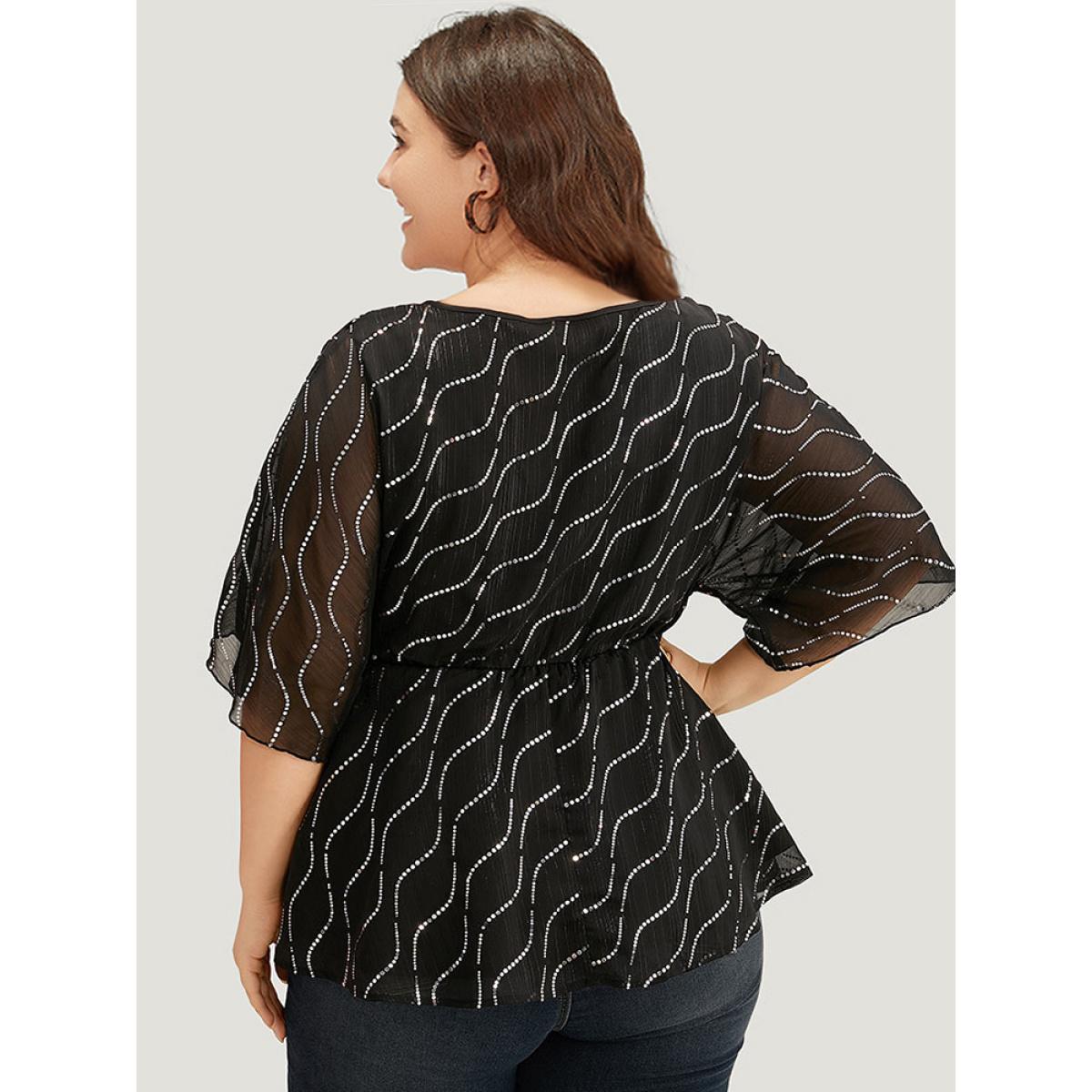 Plus Size Black Chiffon Rhinestone Mesh Patchwork Elastic Waist Blouse Women Glamour Half Sleeve Round Neck Going out Blouses BloomChic 14-16/1X Product Image