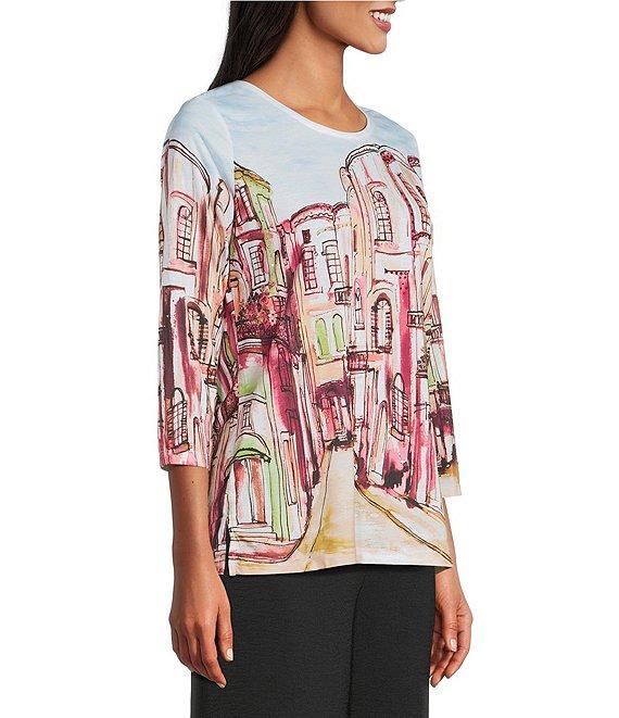 Allison Daley Embellished Rue Paris Print 3/4 Sleeve Crew Neck Knit Top Product Image