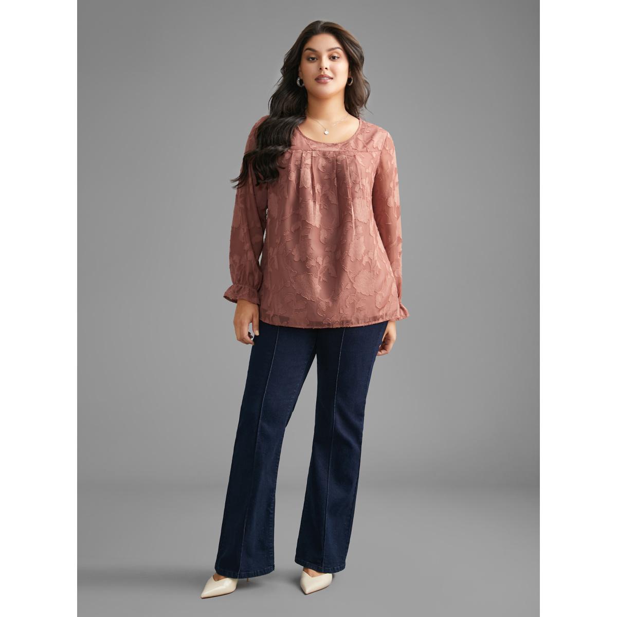 Plus Size Rouge Silhouette Floral Textured Lantern Sleeve Blouse Women Elegant Long Sleeve Round Neck Everyday Blouses BloomChic 28/5X Product Image