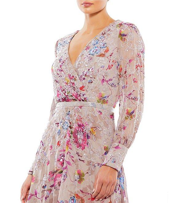 Mac Duggal Floral Print V-Neck Long Sleeve Midi Dress Product Image
