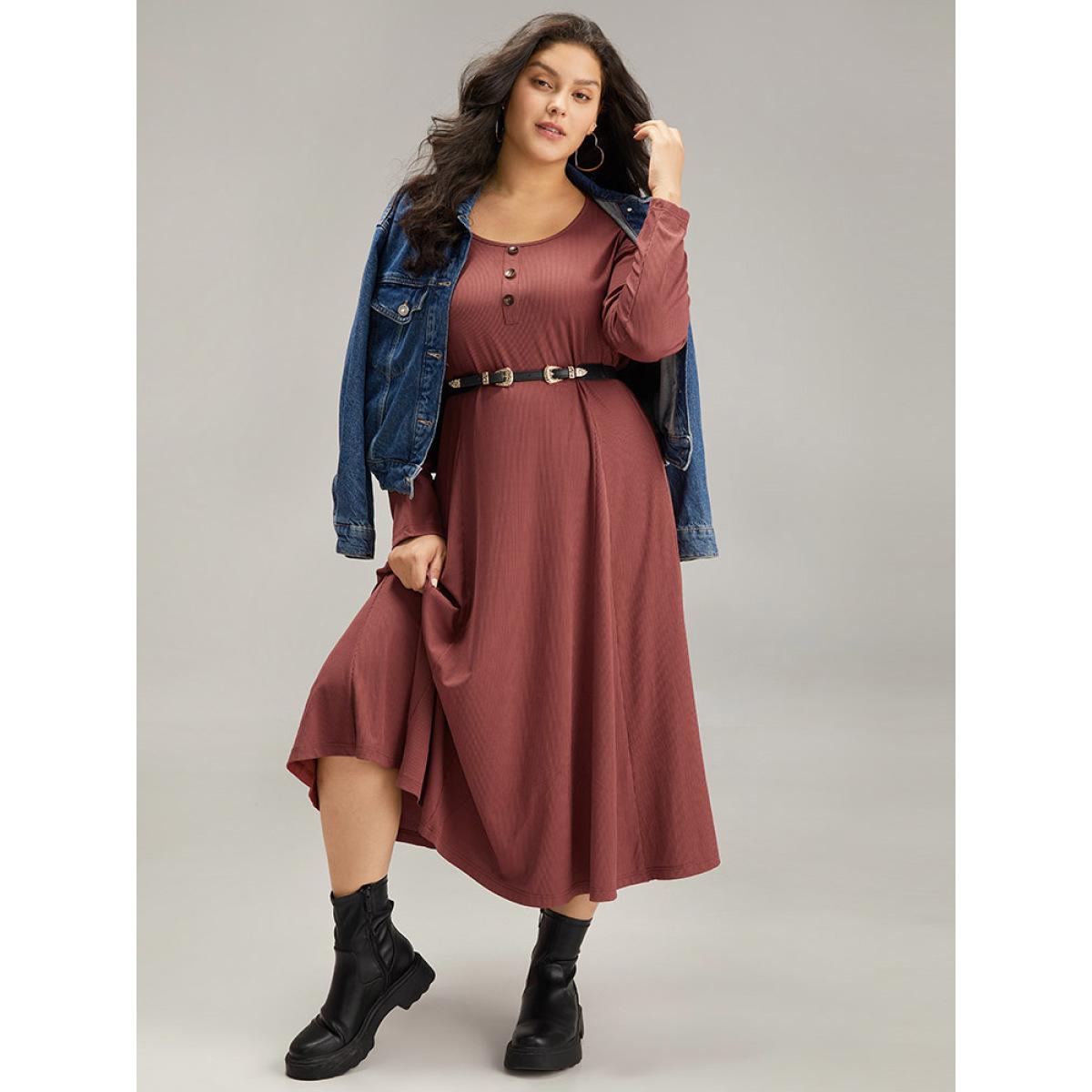 Plus Size Rib Knit Solid Button Up Pocket Ruffle Hem Dress Scarlet Women Casual Plain Round Neck Long Sleeve Curvy Midi Dress BloomChic 30/6X Product Image