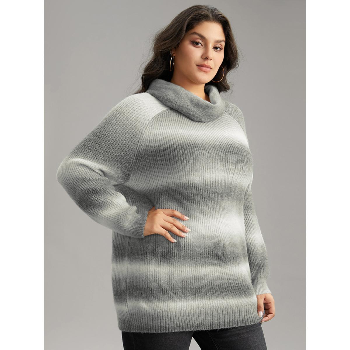Plus Size Turtleneck Ombre Heather Raglan Sleeve Pullover Gray Women Casual Loose Long Sleeve Turtleneck Dailywear Pullovers BloomChic 14-16/1X Product Image