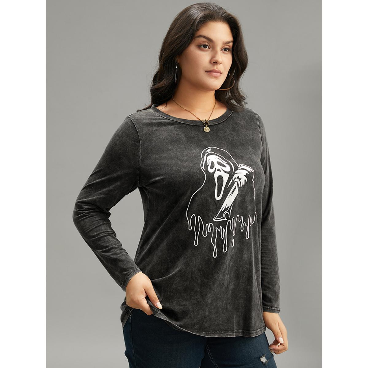 Plus Size Halloween Supersoft Essentials Skull Print Vintage T-shirt Black Women Casual Printed Halloween Festival-Halloween T-shirts BloomChic 14-16/1X Product Image