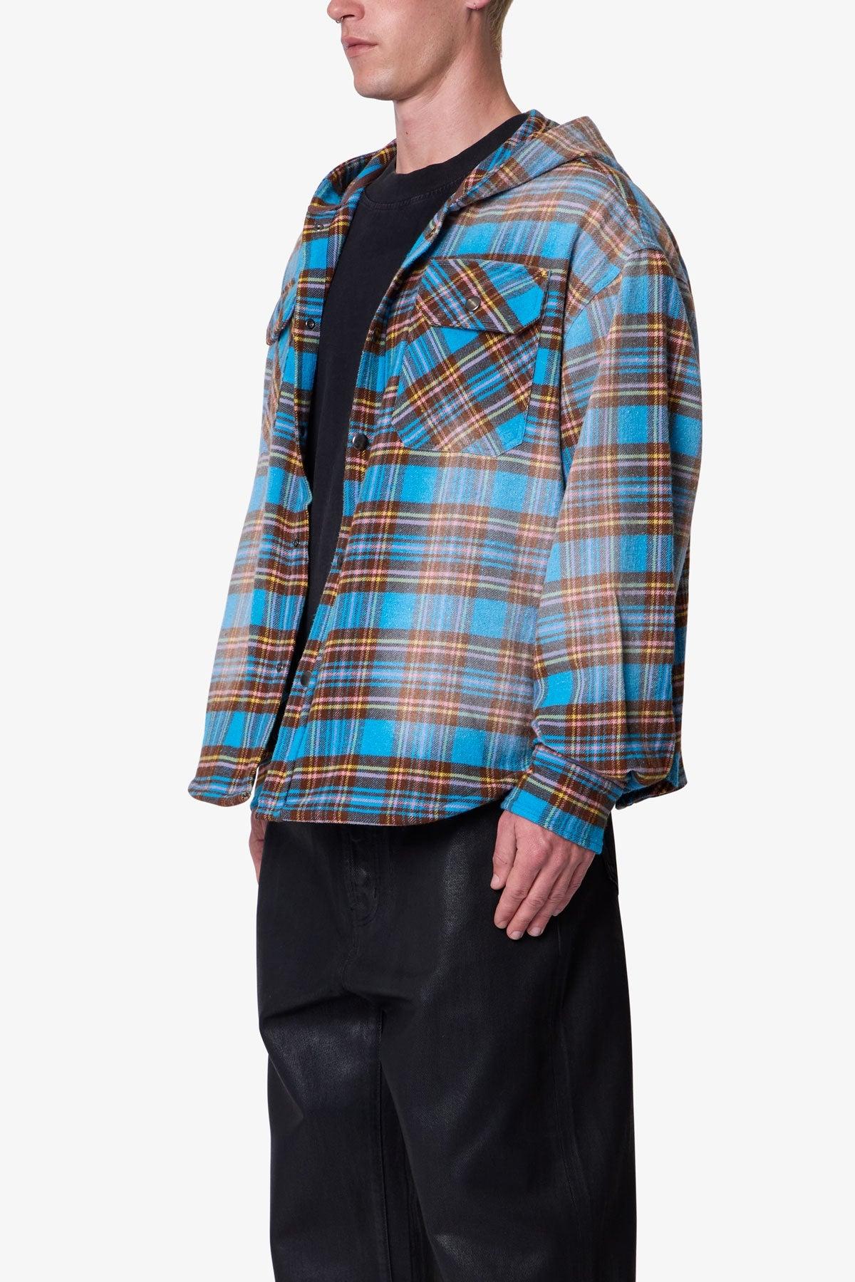 Faded Hooded Flannel Shirt - Washed Blue Product Image