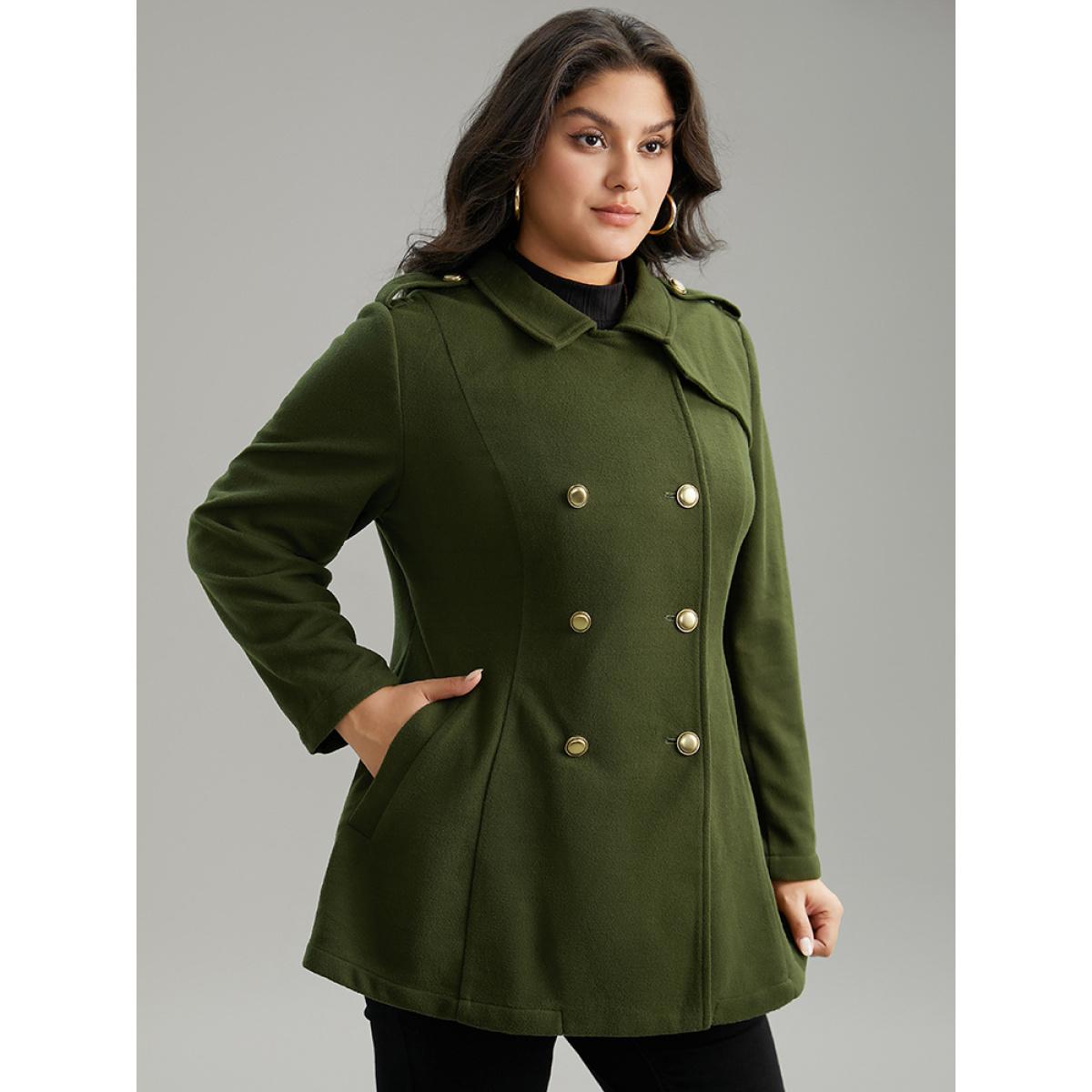 Plus Size Plain Double Breasted Lapel Collar Coat Women ArmyGreen Casual Plain Ladies Dailywear Winter Coats BloomChic 10/M Product Image