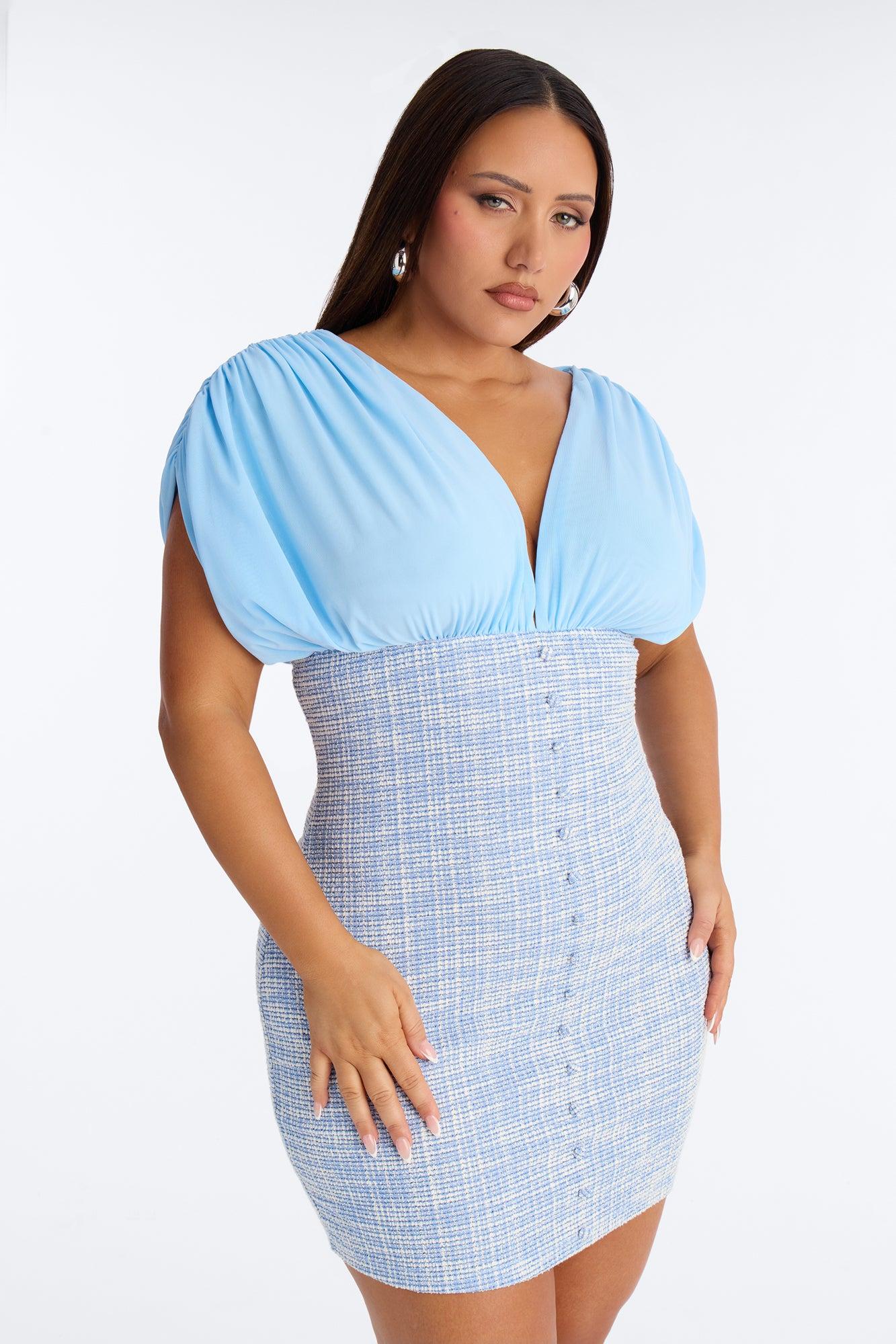 Coraline Short Sleeve Tweed Mini Dress - Blue Female Product Image