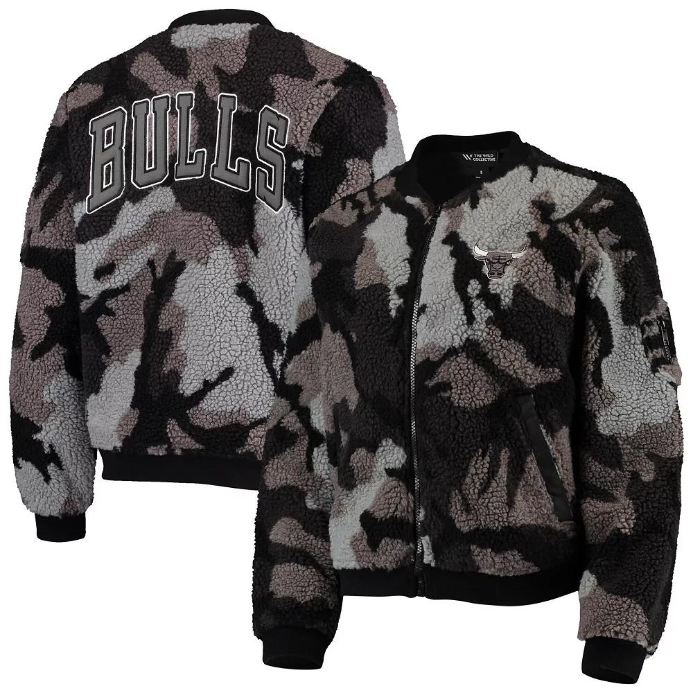 Women's The Wild Collective Black Chicago Bulls Camo Sherpa Full-Zip Bomber Jacket, Size: Small Product Image