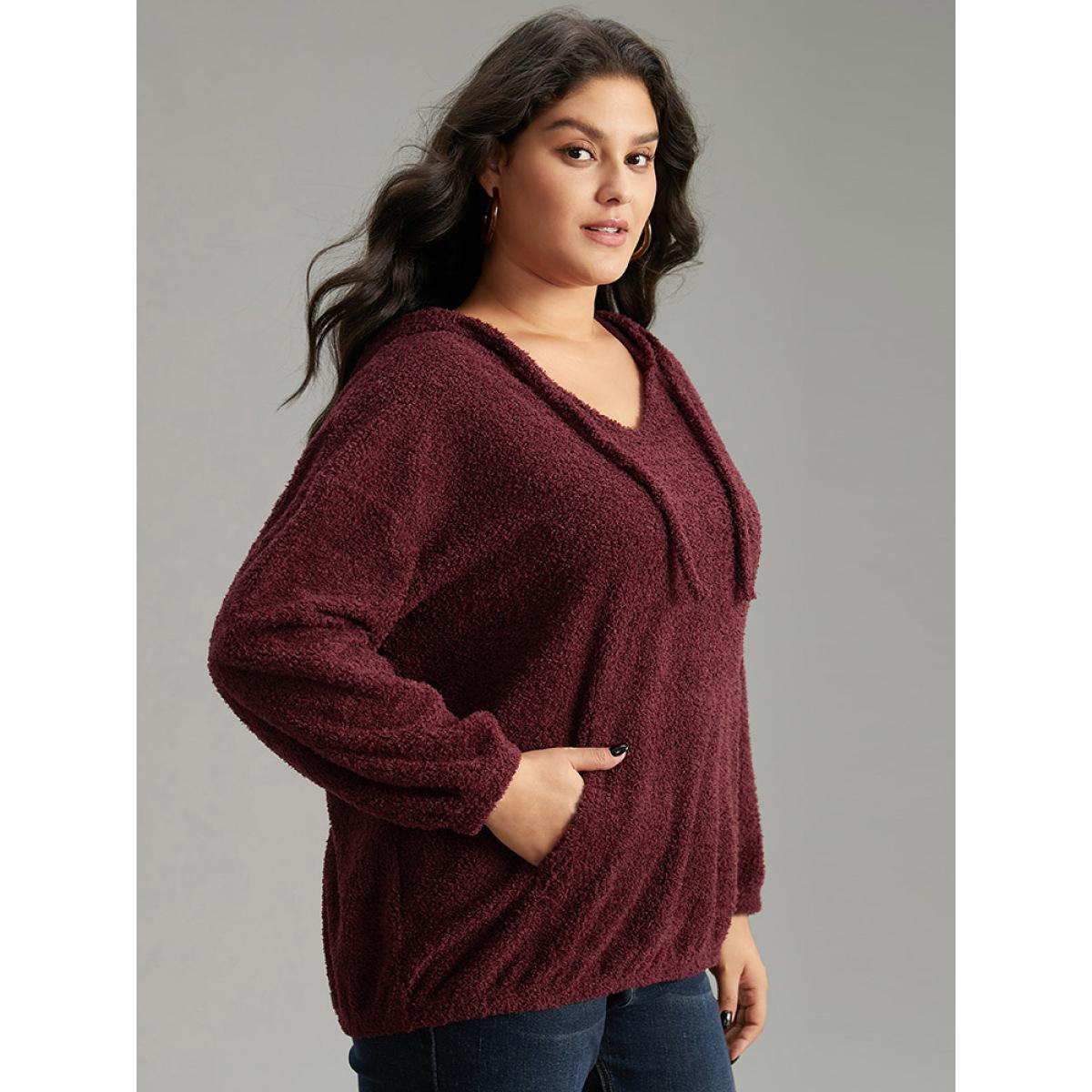 Plus Size Fuzzy Solid Hooded Pocket Ties Sweatshirt Women Burgundy Casual Elastic cuffs Hooded Dailywear Sweatshirts BloomChic 18-20/2X Product Image