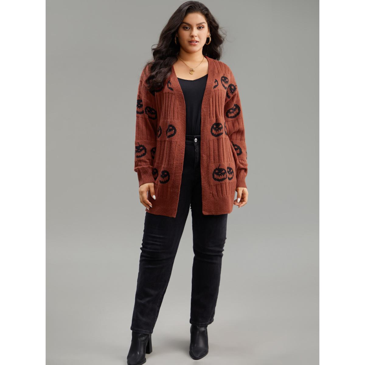 Plus Size Halloween Pumpkin Graphic Open Front Cardigan Rust Women Casual Loose Long Sleeve Festival-Halloween Cardigans BloomChic 22-24/3X Product Image