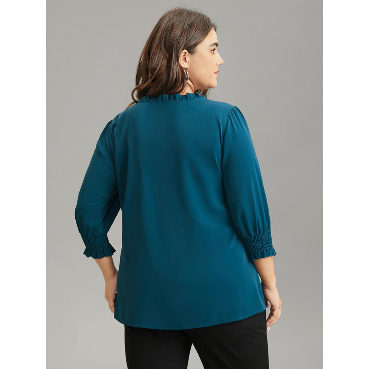 Plus Size Aegean Anti-Wrinkle Gathered Shirred Frill Trim Blouse Women Office Half Sleeve V-neck Work Blouses BloomChic 10/M Product Image