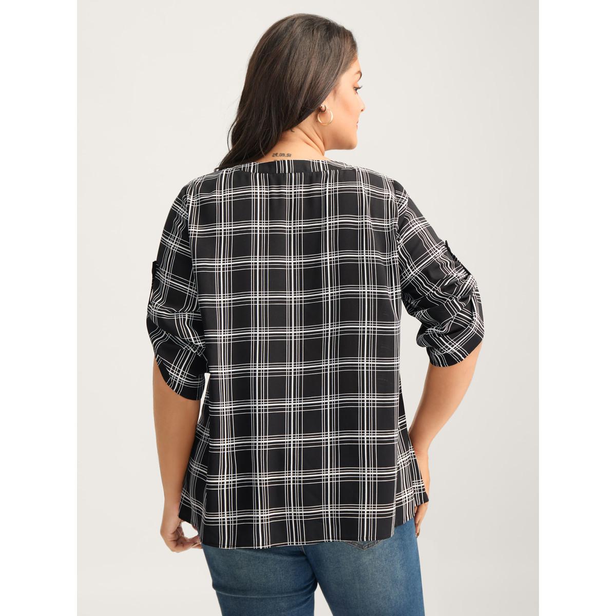 Plus Size Black Plaid Print Tab Sleeve Notched Blouse Women Elbow-length sleeve Flat collar with V-notch Work Blouses BloomChic 26/4X Product Image
