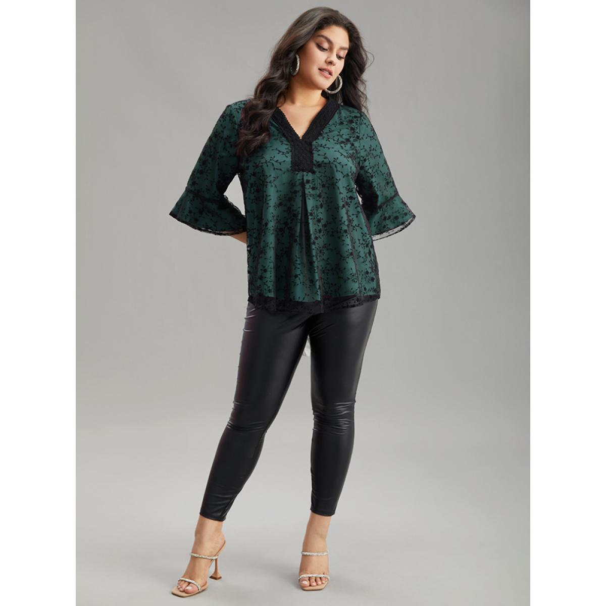 Plus Size DarkGreen Crochet Lace Mesh Bell Sleeve Blouse Women Cocktail Elbow-length sleeve V-neck Party Blouses BloomChic 22-24/3X Product Image