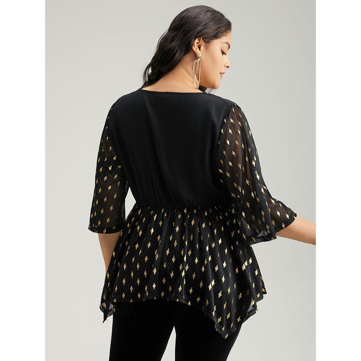 Plus Size Black Glitter Patchwork Mesh Hanky Hem Blouse Women Glamour Elbow-length sleeve V-neck Festival-Christmas Blouses BloomChic 12/L Product Image