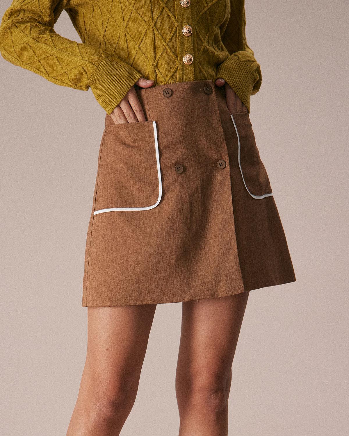 The Khaki Contrast Trim Button Mini Skirt Product Image