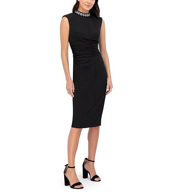 Eliza J Laguna Crepe Beaded Mock Neck Sleeveless Ruched Midi Dress Product Image