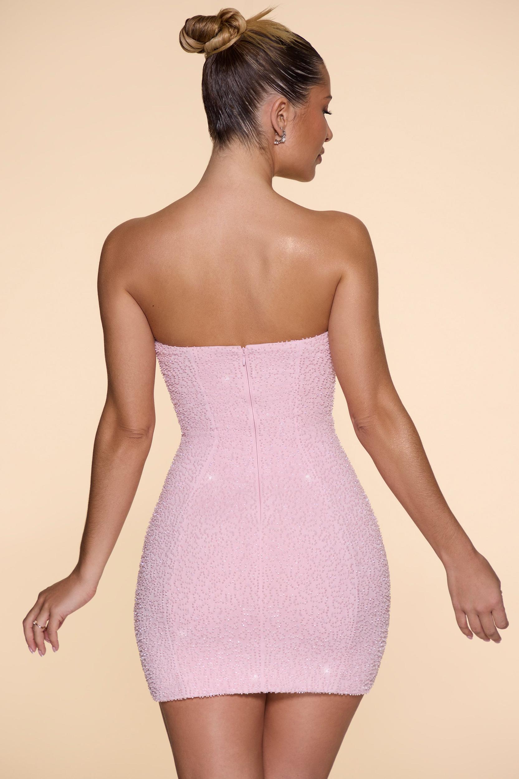 Embellished Strapless Cowl Neck Mini Dress in Blush Product Image