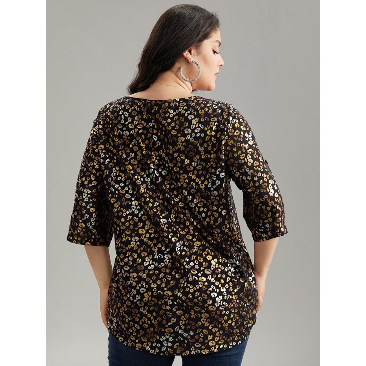 Plus Size Black Leopard Glitter Wrap V Neck Blouse Women Glamour Elbow-length sleeve V-neck Going out Blouses BloomChic 10/M Product Image