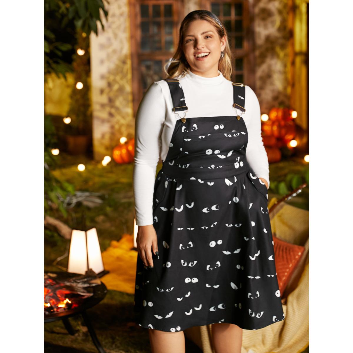 Plus Size Bat Eyes Overall Straps Skirt Midi Dress Black Women Cocktail Non Party Curvy Bloomchic 22-24/3X Product Image