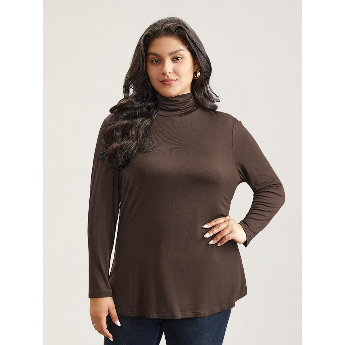 Plus Size Supersoft Essentials Solid Funnel Neck Knit T-shirt DarkGreen Women Leisure Plain Plain Ruffled collar Bodycon Casual T-shirts BloomChic 18-20/2X Product Image
