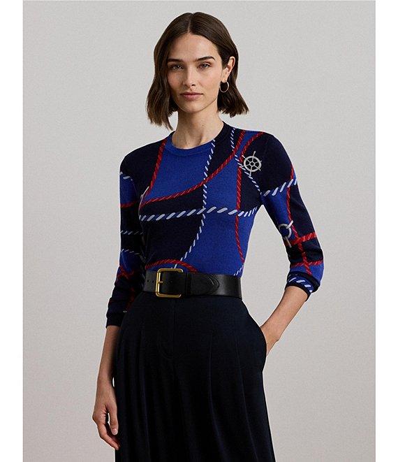 Lauren Ralph Cotton Blend Rope Print Crew Neck Long Sleeve Sweater Product Image