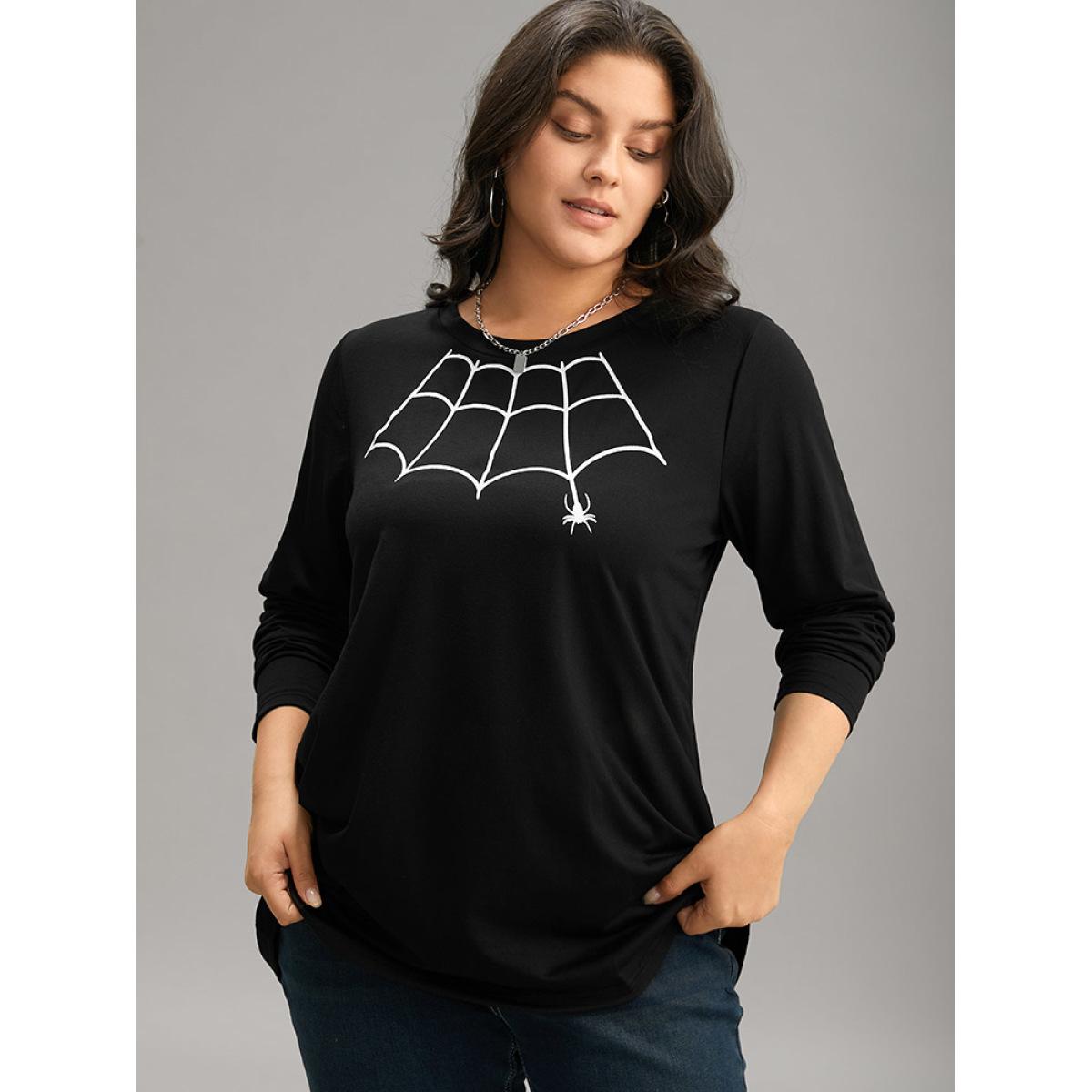 Plus Size Halloween Spider Web Print Round Neck T-shirt Black Women Casual Printed Halloween Round Neck Festival-Halloween T-shirts BloomChic 18-20/2X Product Image
