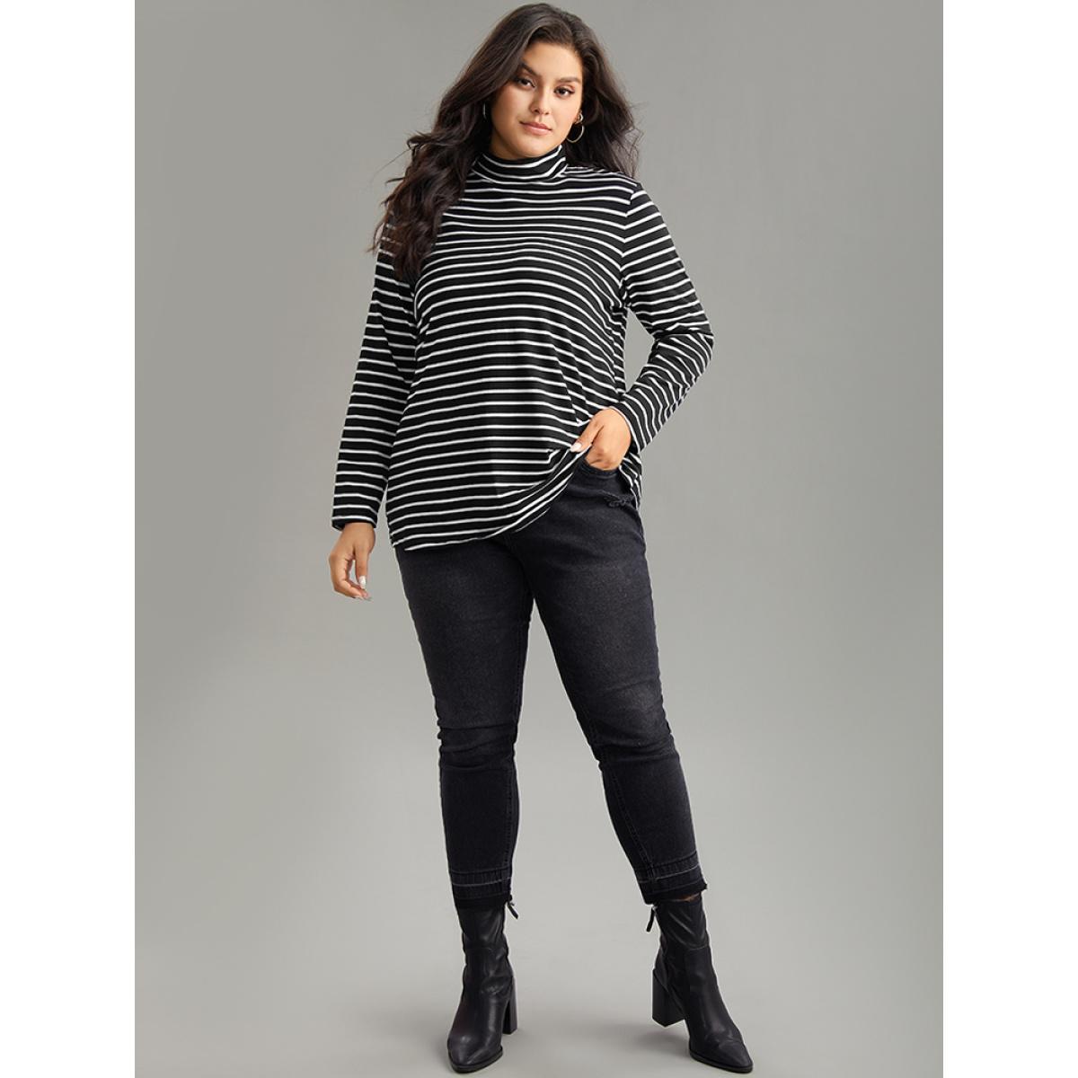Plus Size Cotton Striped Funnel Neck T-shirt Black Women Casual Contrast Striped Turtleneck Dailywear T-shirts BloomChic 14-16/1X Product Image