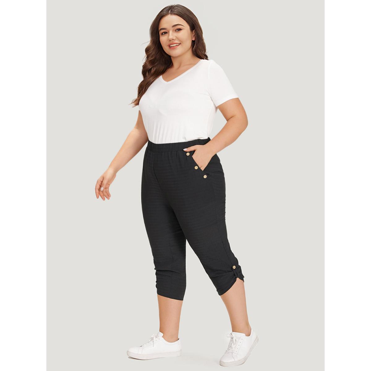 Plus Size Solid Pocket Button Detail High Rise Pants Women Black Casual High Rise Dailywear Pants BloomChic 26/4X Product Image