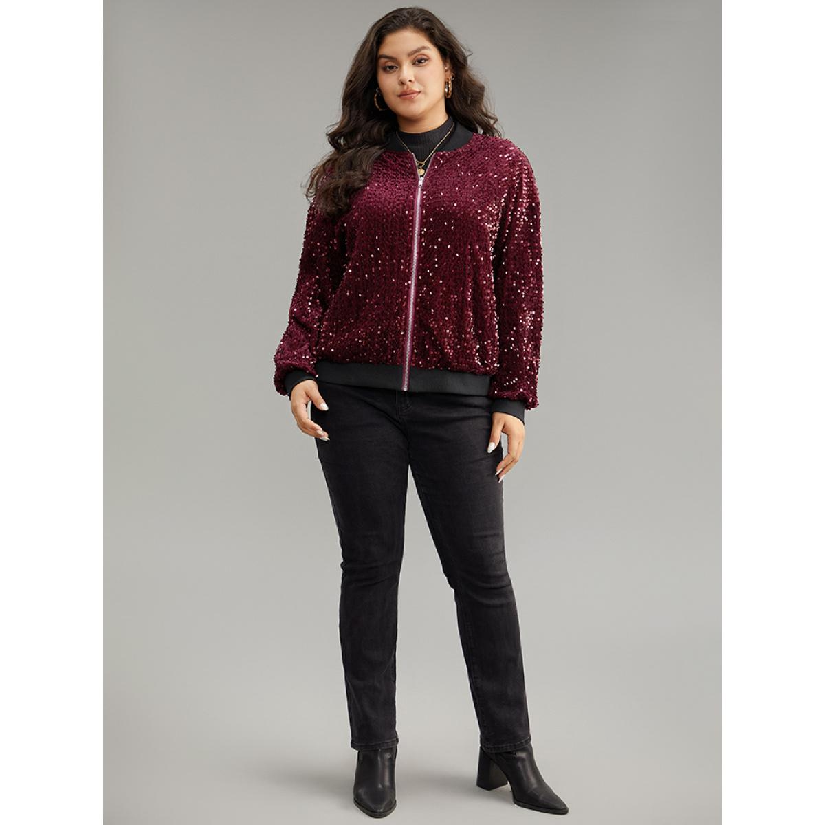 Plus Size Sequin Zipper Patchwork Contrast Bomber Jacket Women Burgundy Contrast Dailywear Jackets BloomChic 18-20/2X Product Image