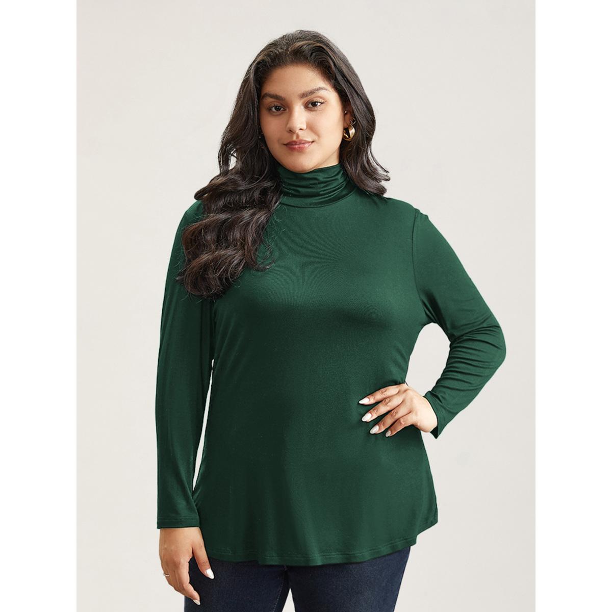 Plus Size Supersoft Essentials Solid Funnel Neck Knit T-shirt DarkGreen Women Leisure Plain Plain Ruffled collar Bodycon Casual T-shirts BloomChic 18-20/2X Product Image