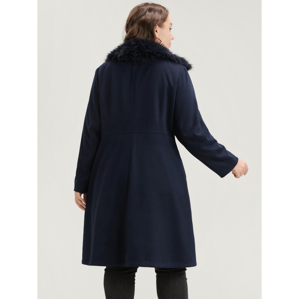 Plus Size Solid Pocket Single Breasted Fuzzy Trim Coat Without Belt Women DarkBlue Elegant Patchwork Ladies Dailywear Winter Coats BloomChic 28/5X Product Image