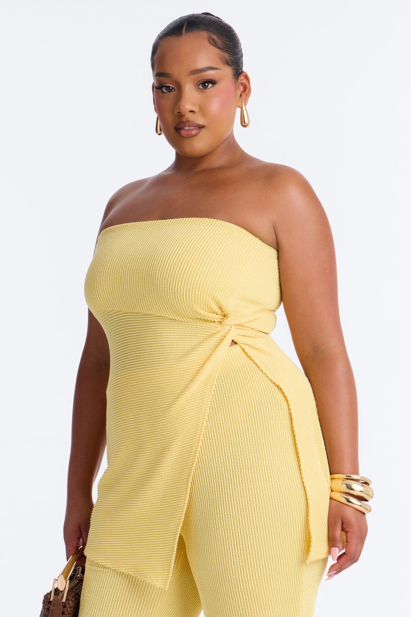 Mona Textured Strapless Flare Pant Set - Yellow Female Product Image
