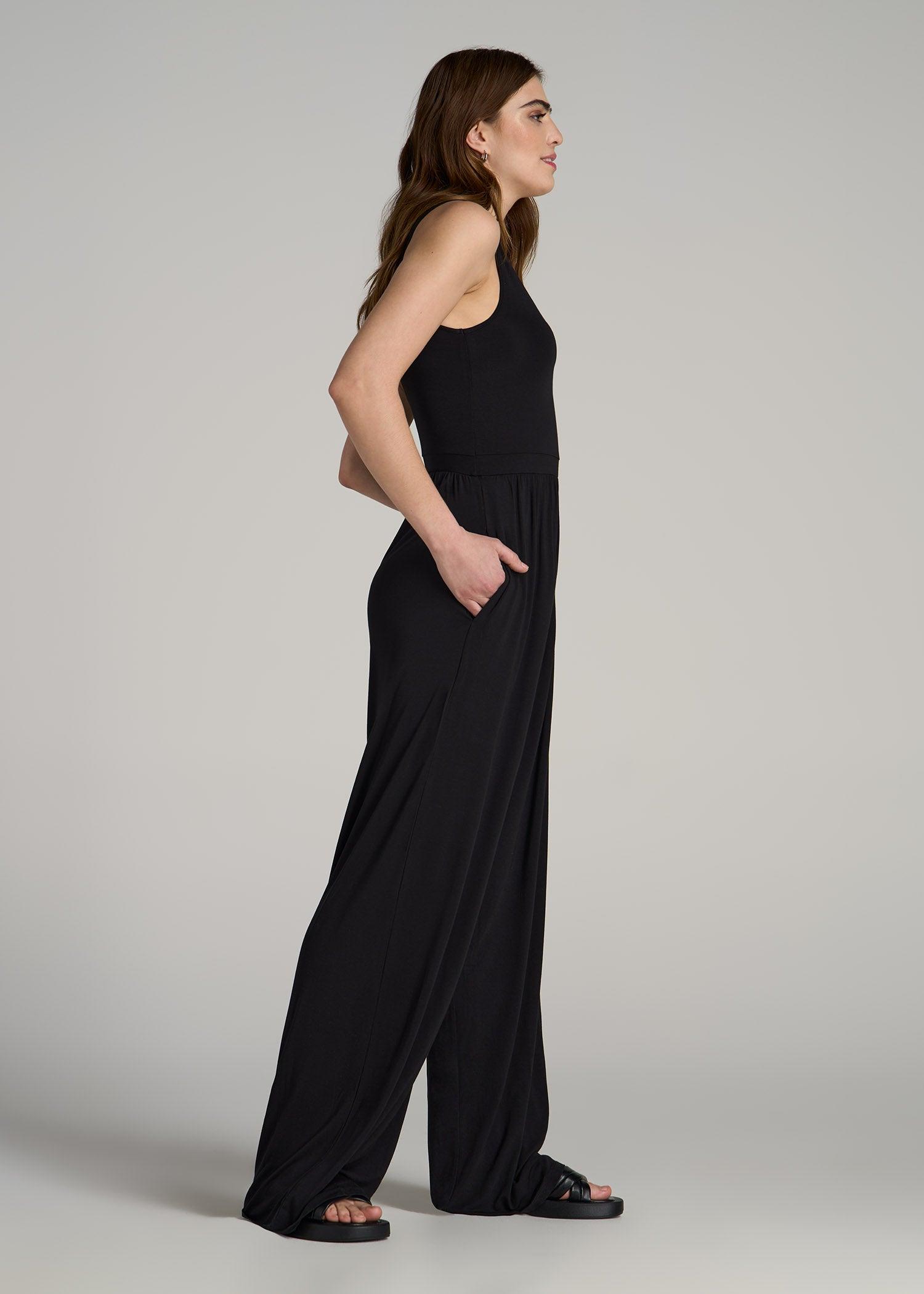 Jersey Tank Wide-Leg Jumpsuit with Pockets for Tall Women in Black Female Product Image