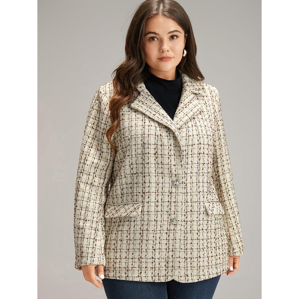 Plus Size Gingham Suit Collar Flap Pocket Blazer Ivory Women Dailywear Gingham Texture Sleeve Long Sleeve Suit Collar 28/5X Pocket Casual Blazers BloomChic Product Image