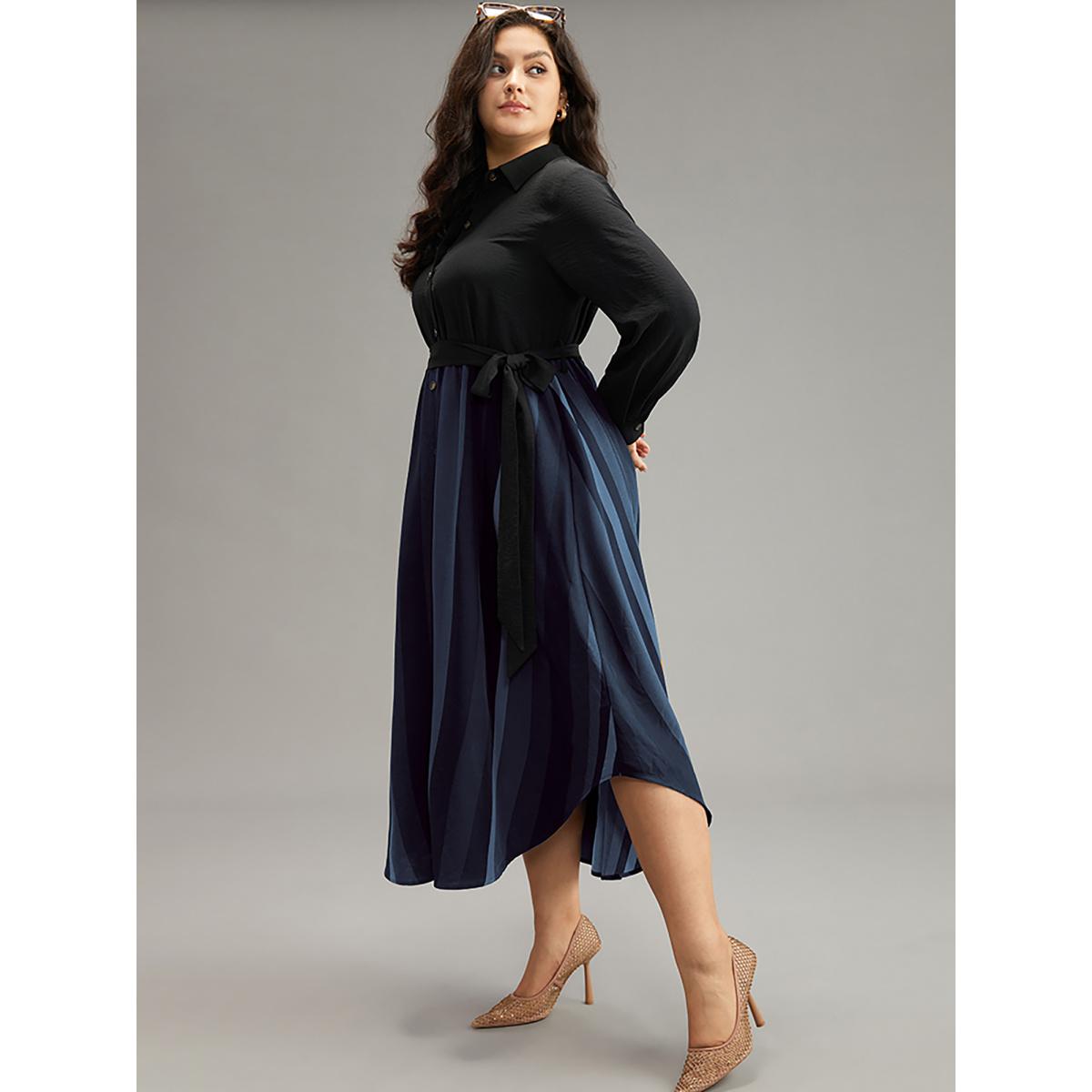Plus Size Colour Striped Patchwork Belted Button Through Dress Midnight Women Office Belted Shirt collar Long Sleeve Curvy Midi Dress BloomChic 22-24/3X Product Image