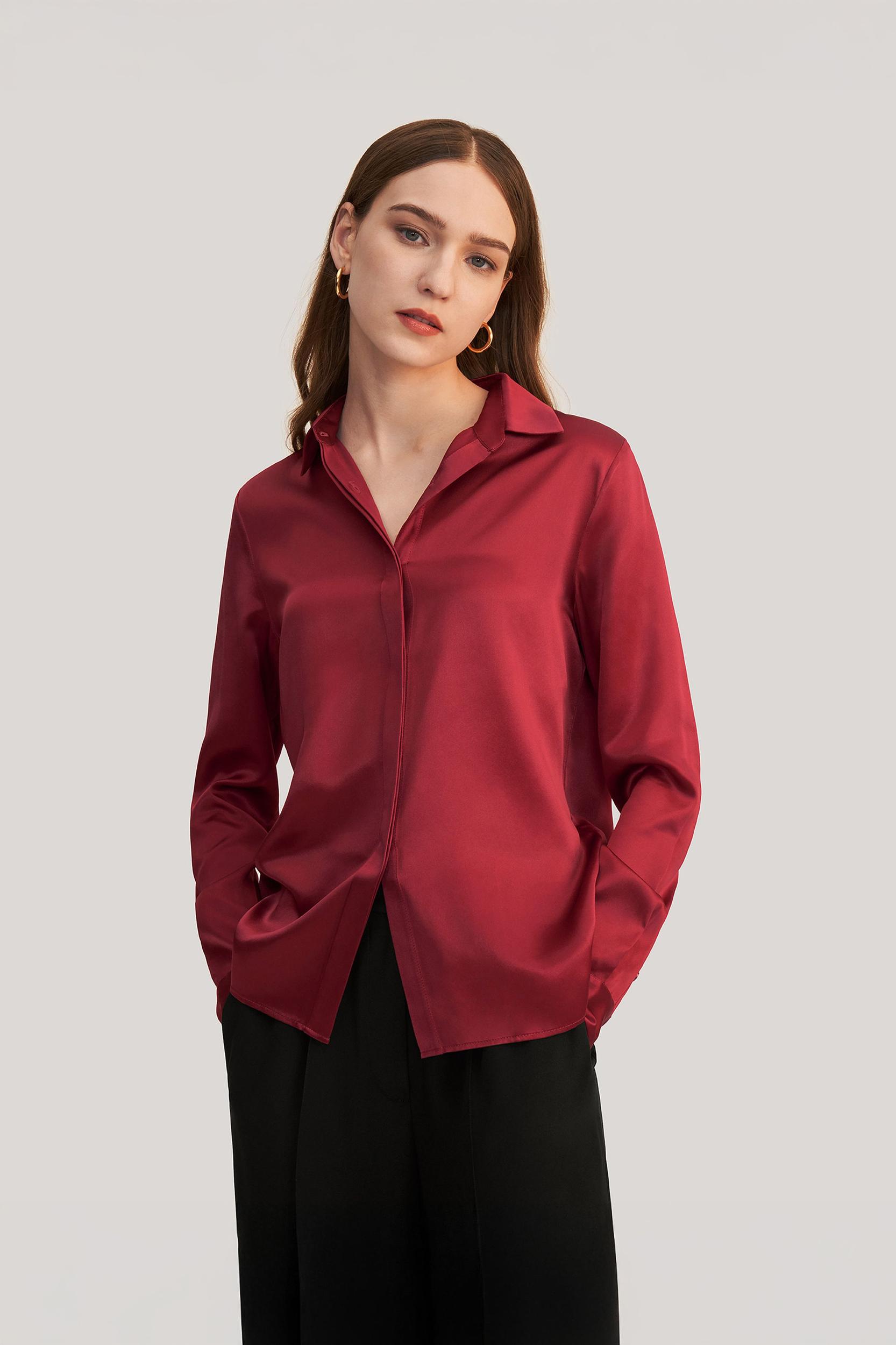 LILYSILK Silk Shirt Women - Dark Gray Mulberry Silk - Non-Toxic Dyes Concealed Mother-Of-Pearl Buttons Blouse Petite M Product Image