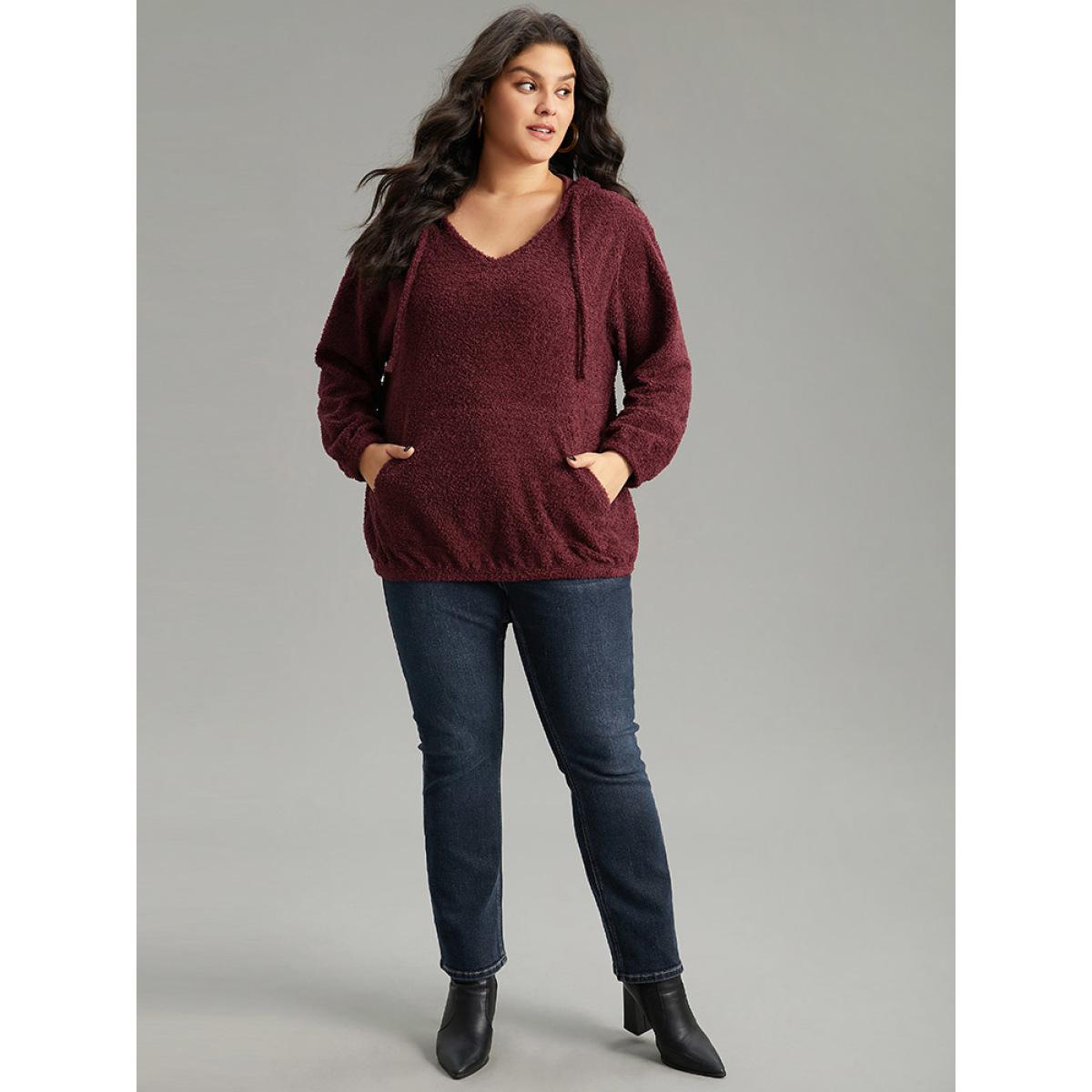 Plus Size Fuzzy Solid Hooded Pocket Ties Sweatshirt Women Burgundy Casual Elastic cuffs Hooded Dailywear Sweatshirts BloomChic 18-20/2X Product Image