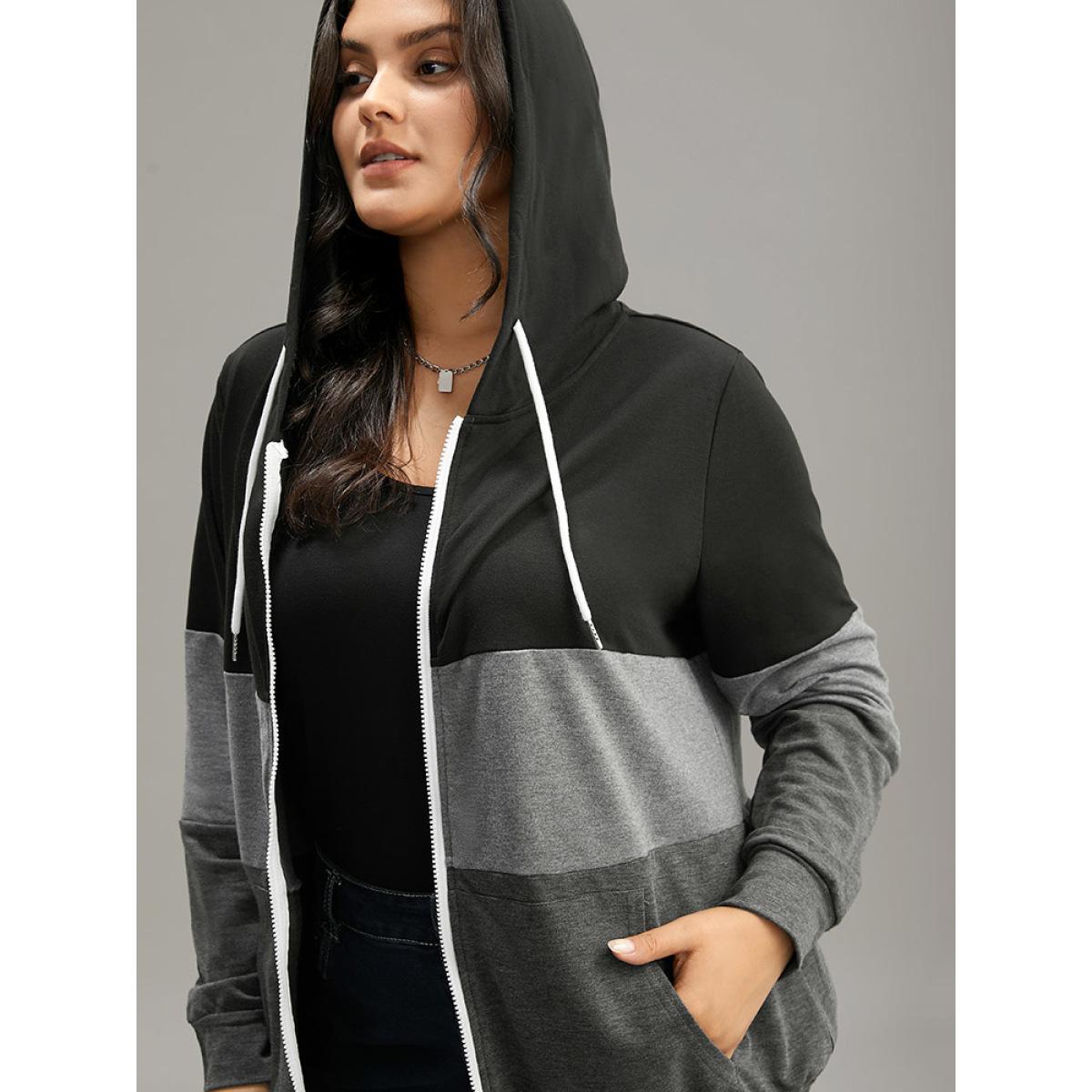 Plus Size Colorblock Contrast Drawstring Zipper Hooded Sweatshirt Women Multicolor Casual Contrast Hooded Everyday Sweatshirts BloomChic 10/M Product Image
