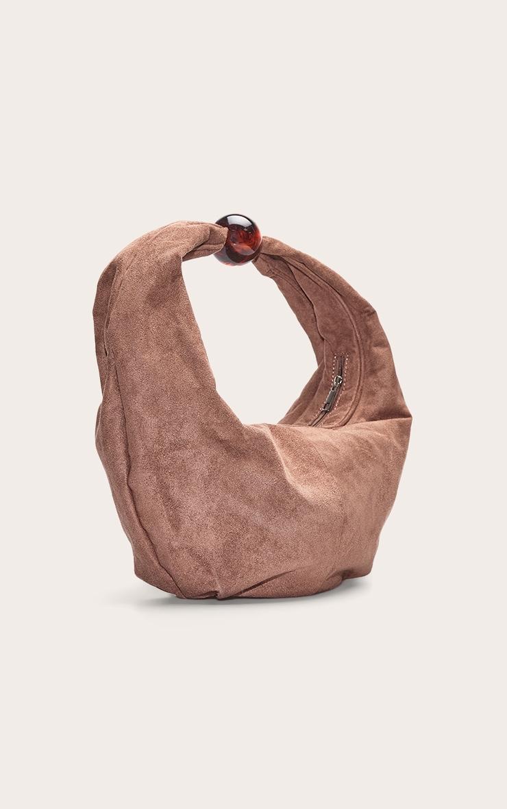 Mocha Faux Suede Bead Handle Shoulder Bag Product Image