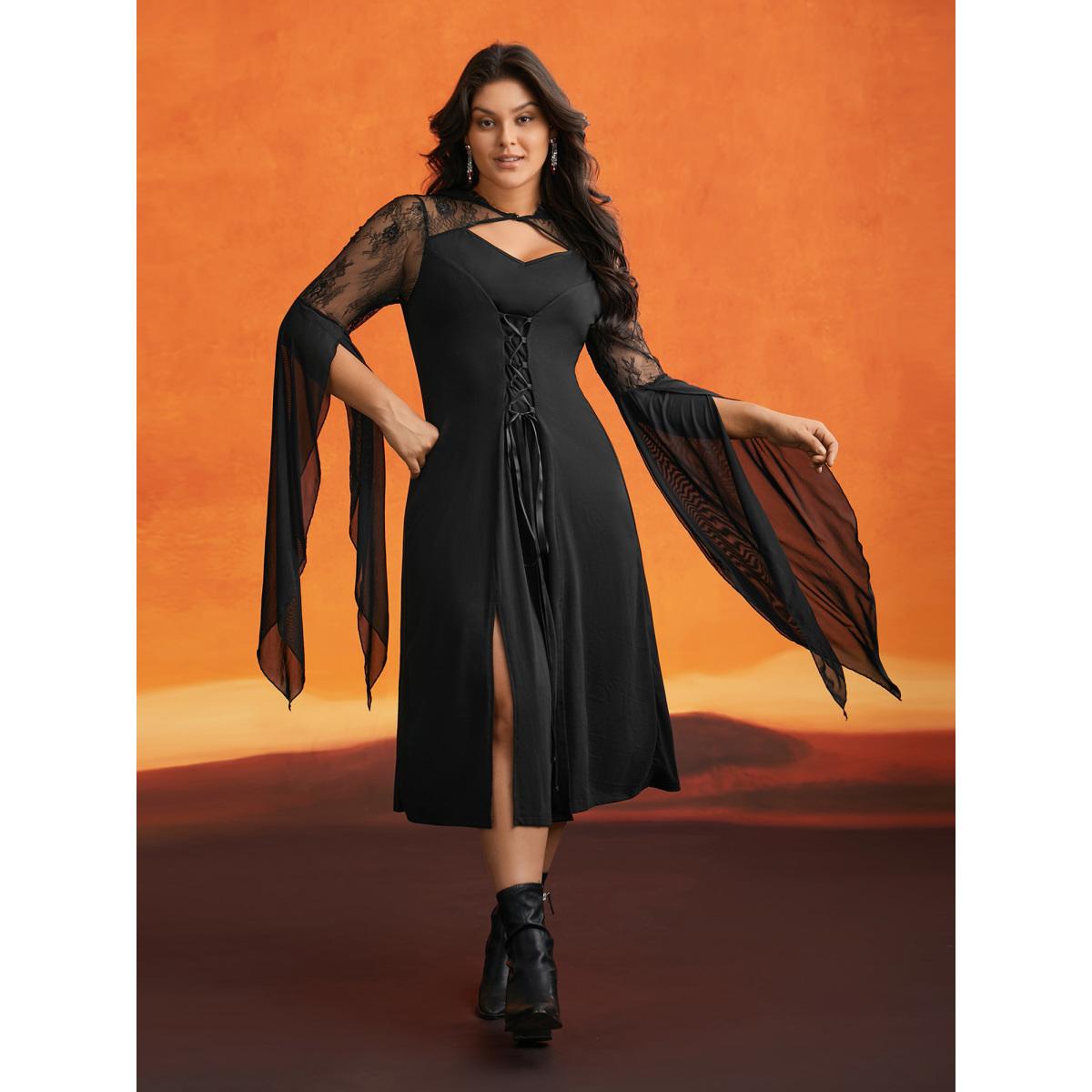 Plus Size Dark Spell Veiled Lace Midi Dress Black Women Cocktail Wraparound straps Round Neck Extra Long Sleeve Curvy BloomChic 22-24/3X Product Image