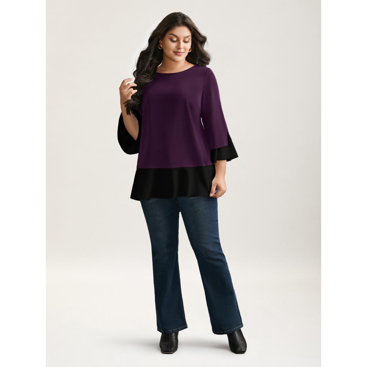 Plus Size Deeppurplered Contrast Patchwork Bell Sleeve Blouse Women Elegant Elbow-length sleeve Round Neck Everyday Blouses BloomChic 18-20/2X Product Image