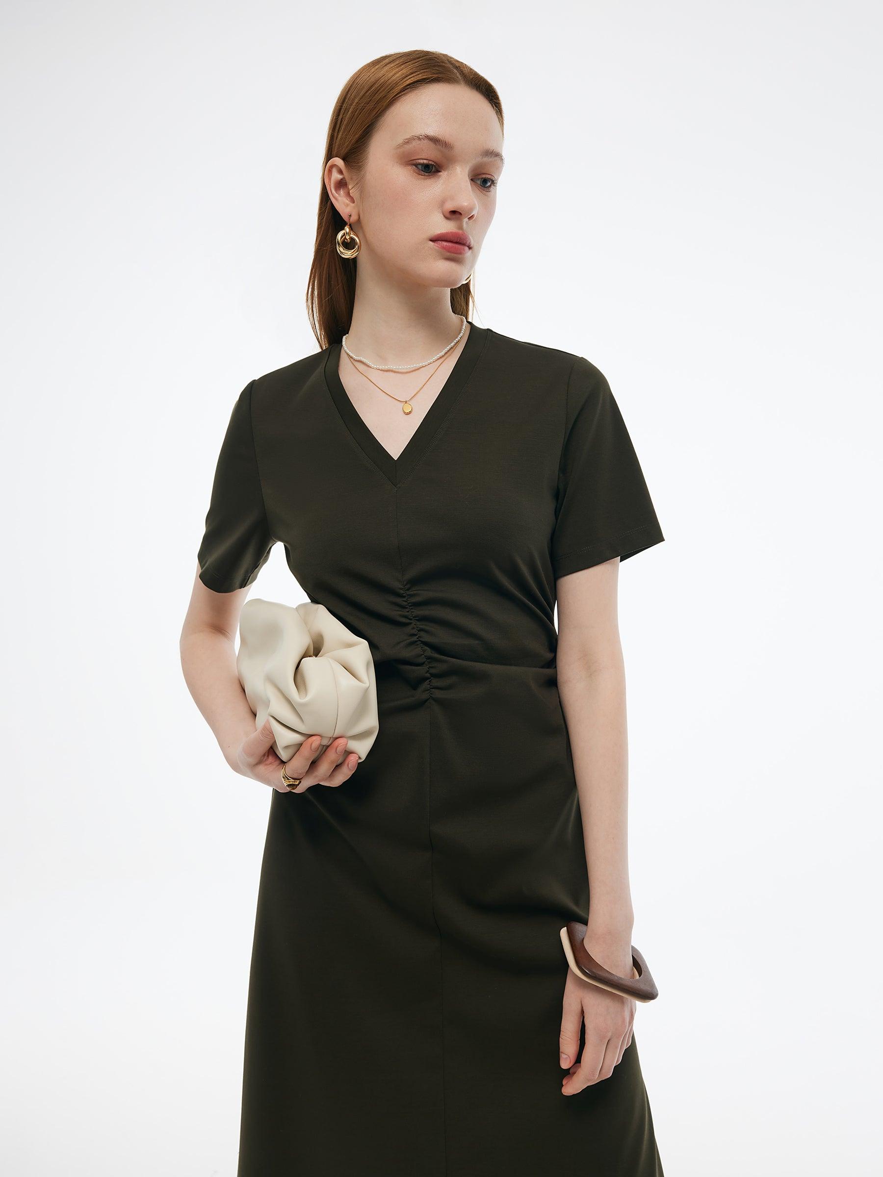 Tencel-blend Gathered Waist Women Tuck Detail Midi Knit Dress Product Image