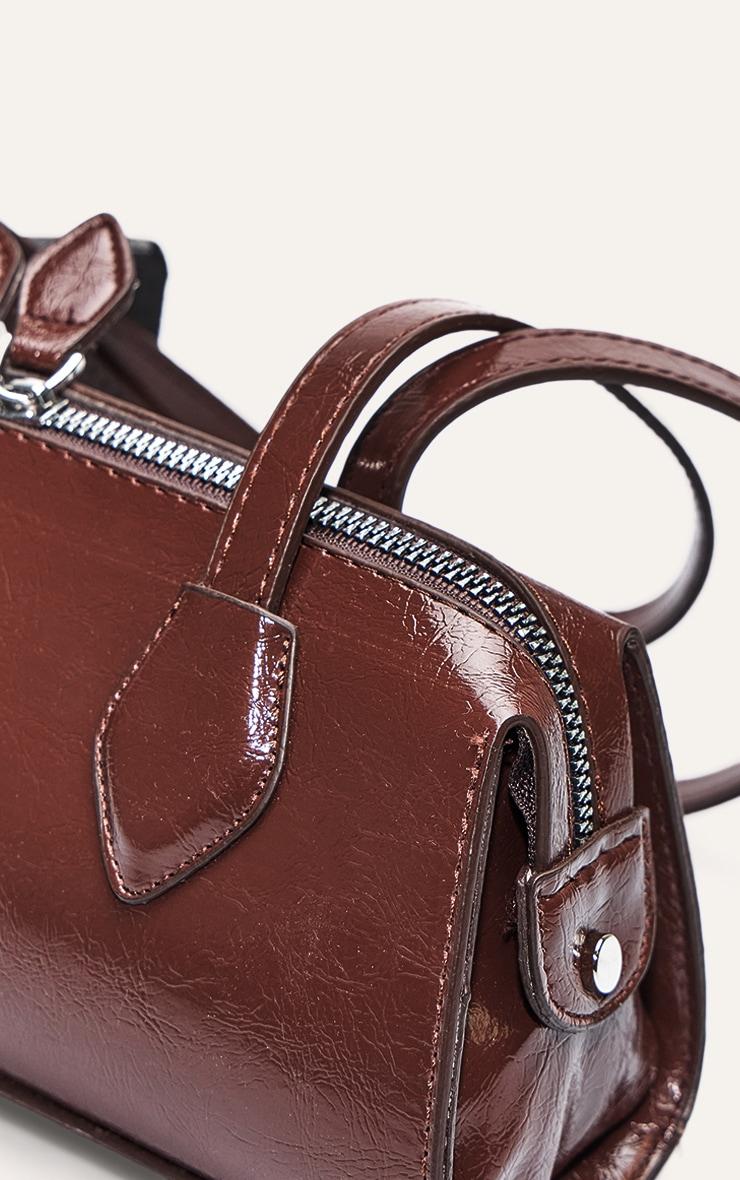 Chocolate Textured Faux Leather Bowler Bag Product Image