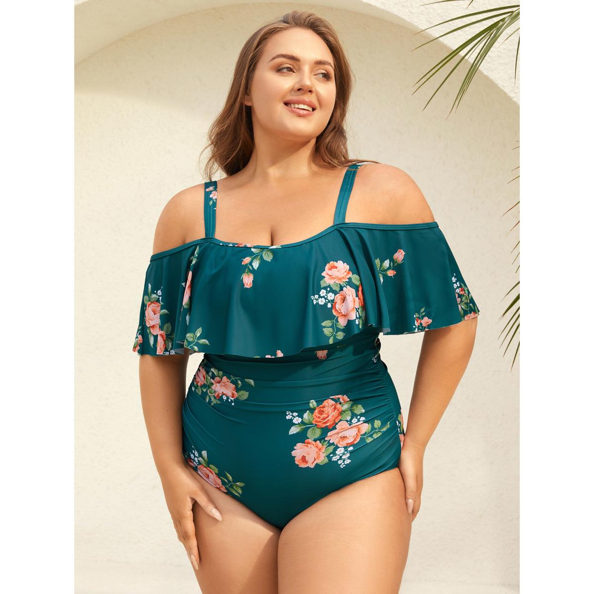 Plus Size Two-Piece Floral Ruffled Knotted One-Piece, Sarong Women's Swimwear Teal Resort Tie knot Curve Bathing Suits High stretch One Pieces BloomChic 14-16/1X Product Image