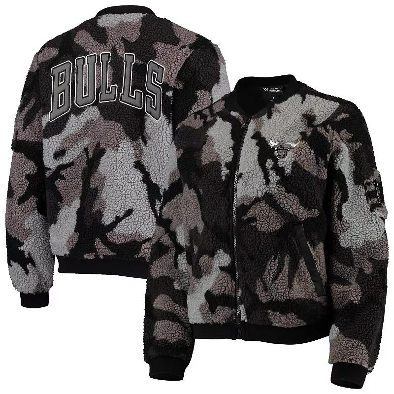 Women's The Wild Collective Black Chicago Bulls Camo Sherpa Full-Zip Bomber Jacket, Size: Small Product Image