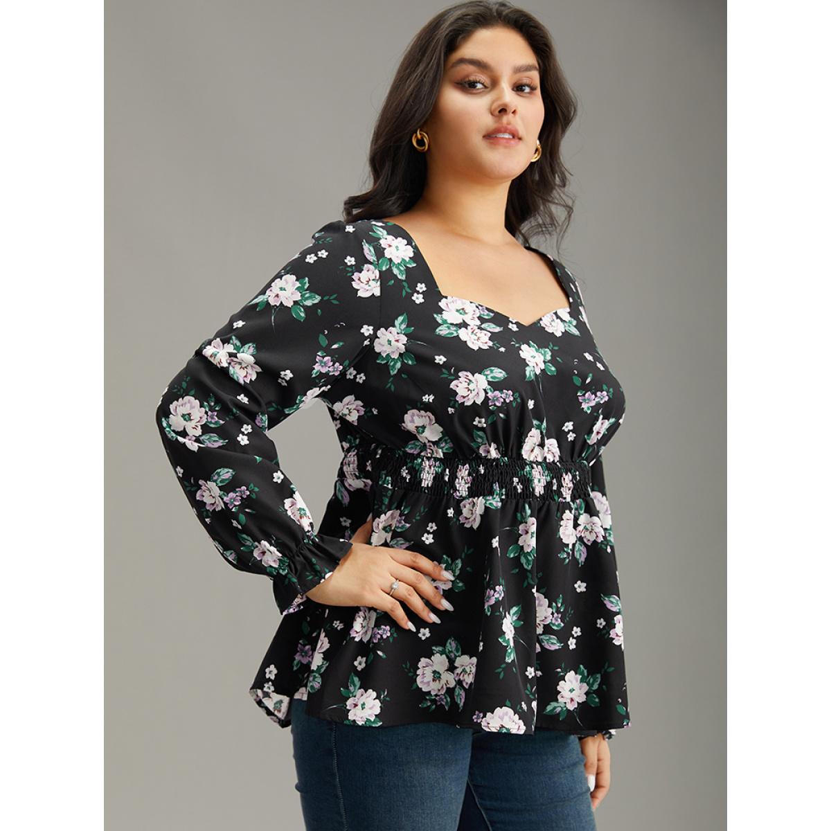 Plus Size Black Floral Square Neck Shirred Lantern Sleeve Blouse Women Elegant Long Sleeve Square Neck Dailywear Blouses BloomChic 18-20/2X Product Image
