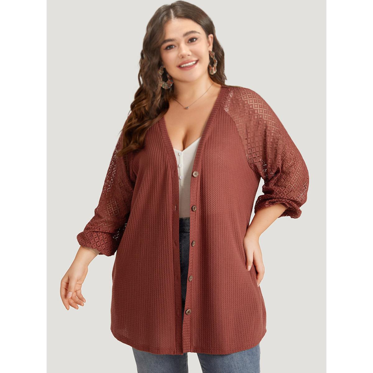 Plus Size Solid Button Through Pocket Mesh Raglan Sleeve Kimono Women Rust Casual See through Loose Pocket Dailywear Kimonos BloomChic 30/6X Product Image