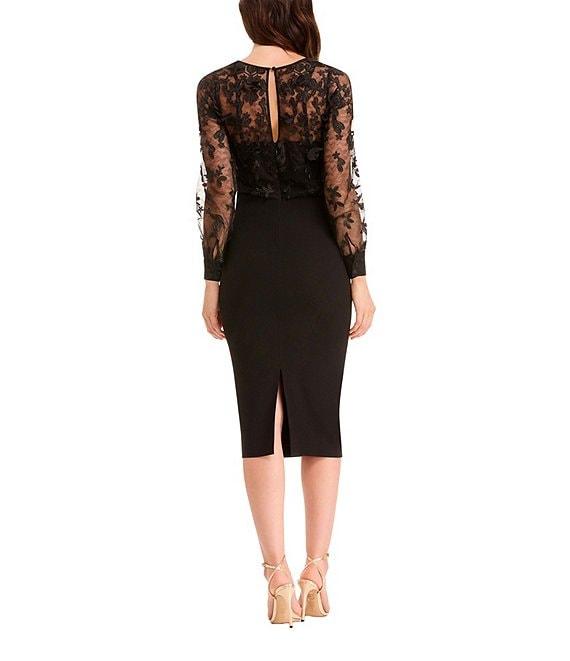 Dress the Population Illusion Long Sleeve Mesh Applique Midi Dress Product Image