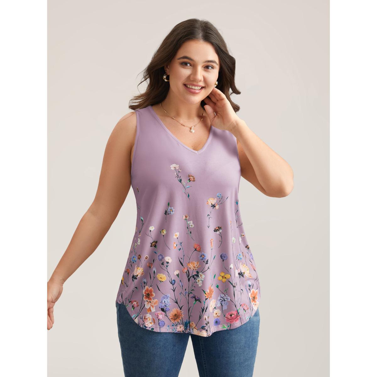 Plus Size Blooming Flowers Print Stretchy Vest Women Lilac Timeless Non V-neck Elegant Tank Tops Camis BloomChic 30/6X Product Image